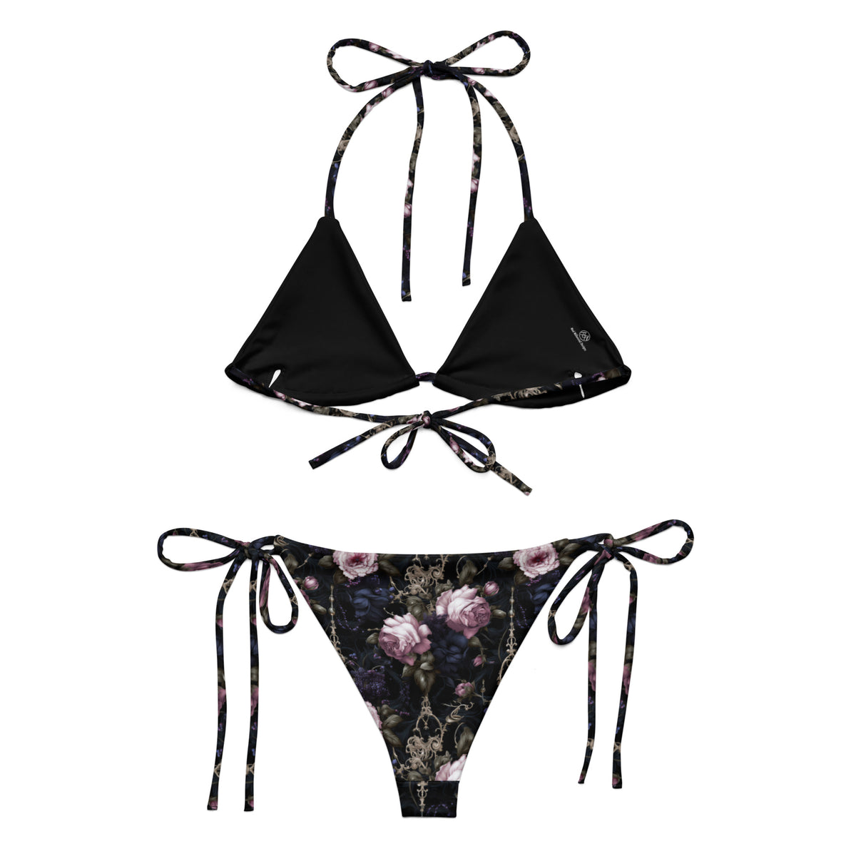 black bikini with pink and purple gothic and floral details back view