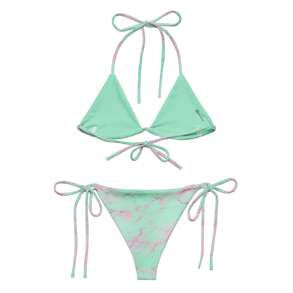 Obrey mint green string bikini with pink lavender and white marble pattern back