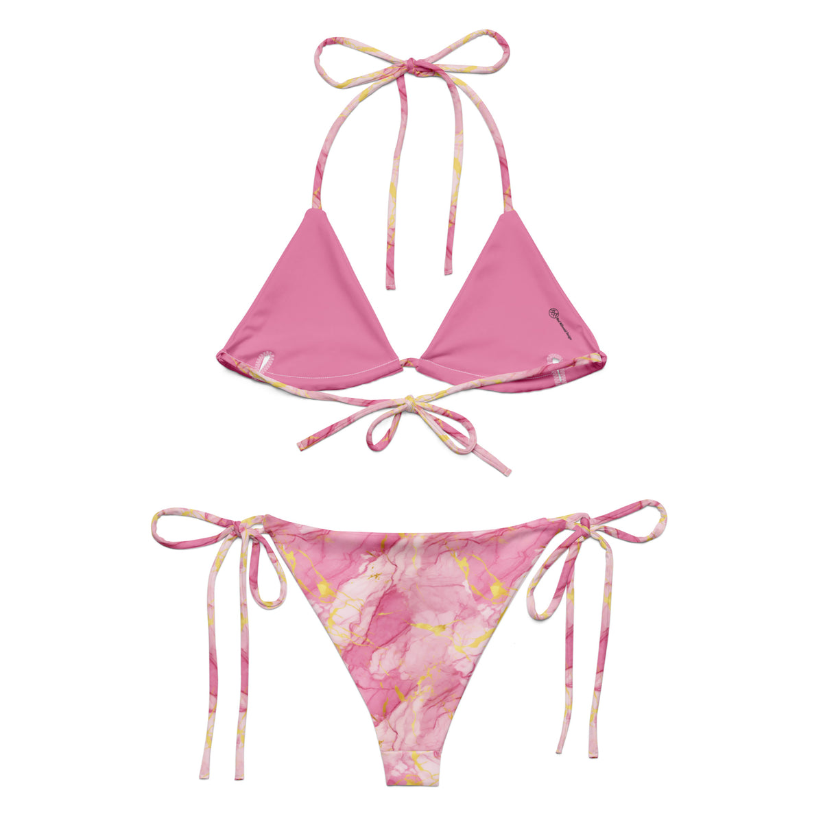 Olivia pink string bikini with blush white and gold marble stone pattern back