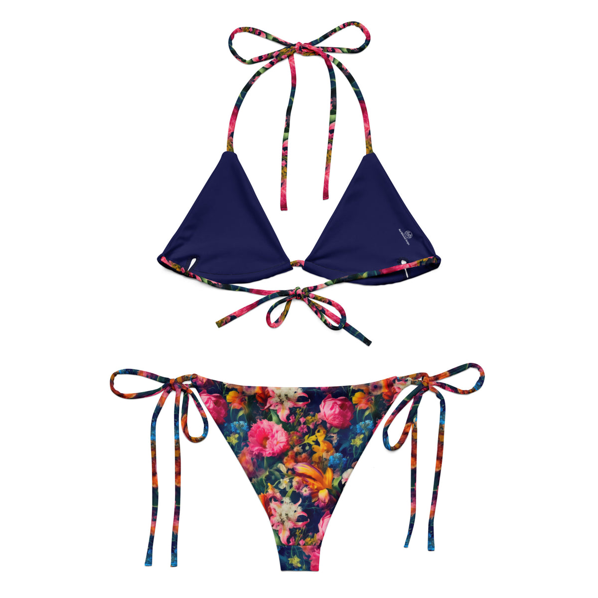 navy blue string bikini with colorful feminine and floral pattern back view