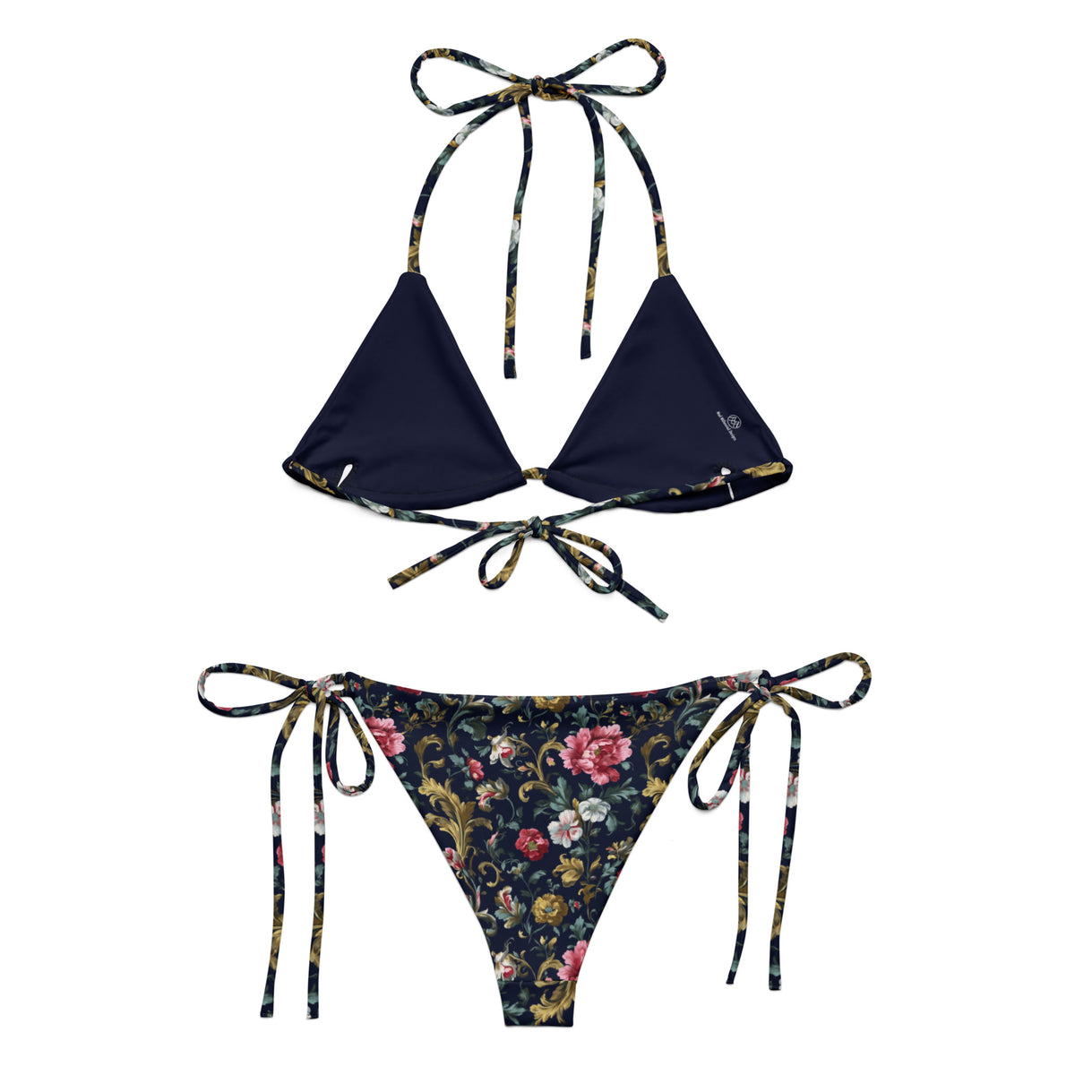 navy blue string bikini with baroque inspired floral pattern back view