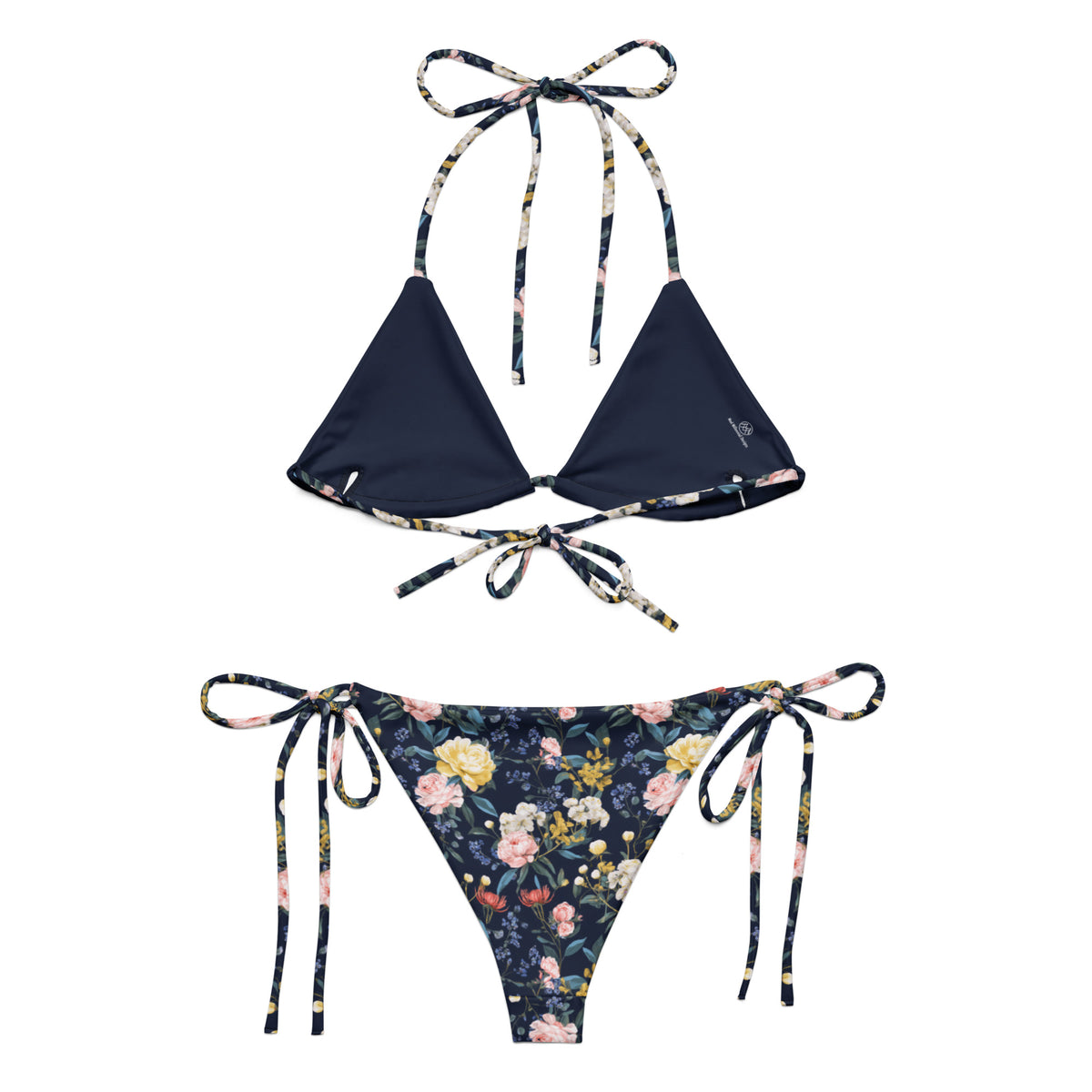 navy blue string bikini with yellow and pink feminine floral pattern on it back view
