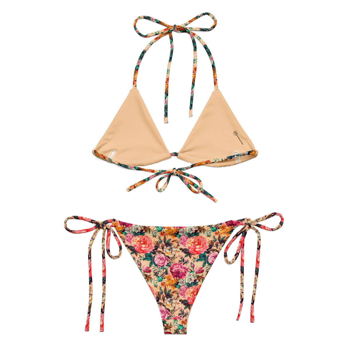 beige string bikini with coral and pink floral feminine botanical pattern showing the back