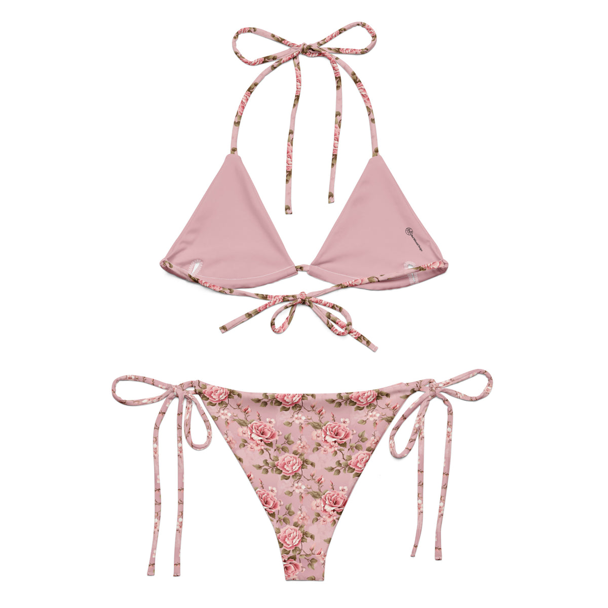 pink string bikini with pink rose floral botanical feminine pattern showing the back