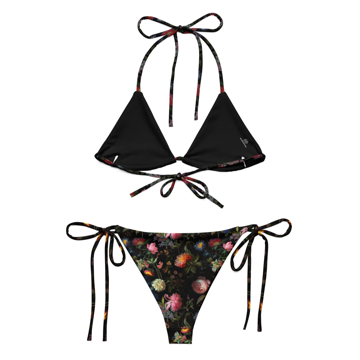 black string bikini with detailed floral colorful pattern back view