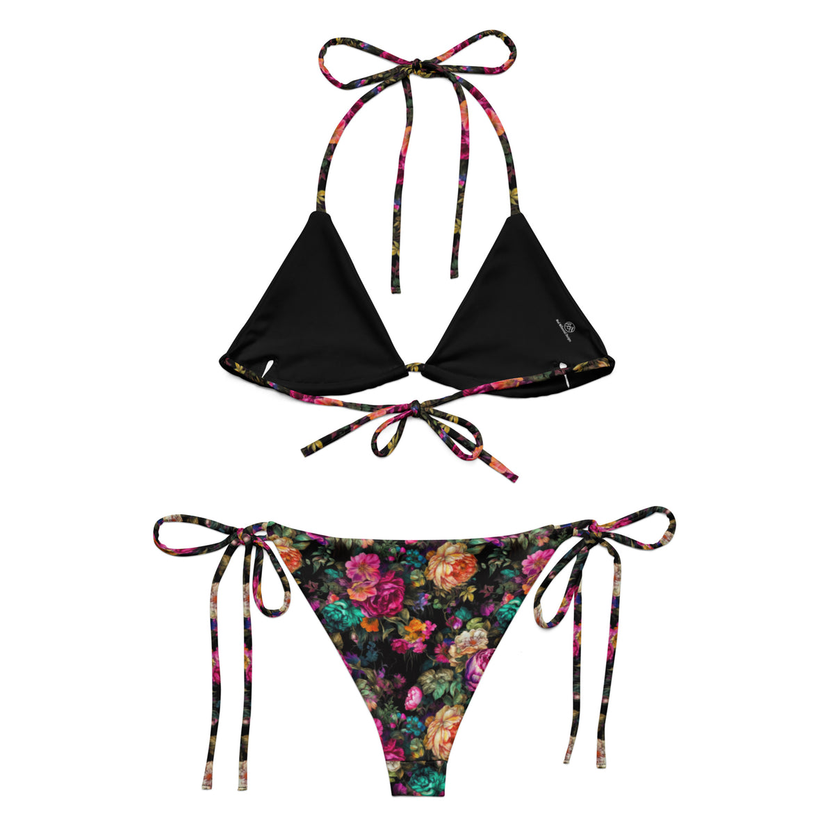 black string bikini with vibrant colorful pink yellow and green feminine floral botanical pattern showing the back view