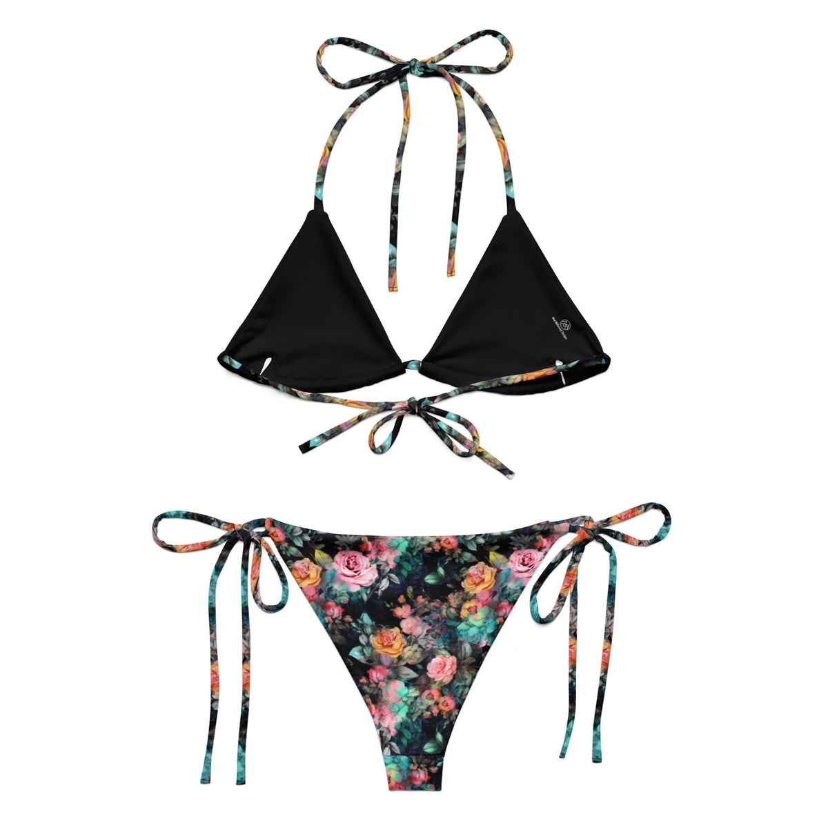 black string bikini with vivid neon floral pattern on it back view