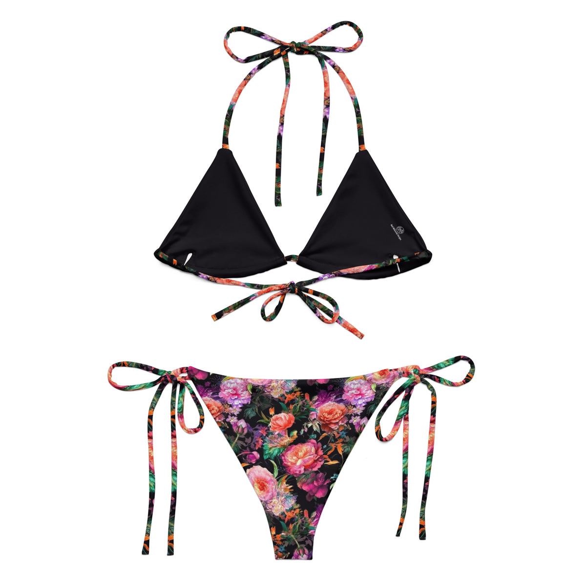 black string bikini with vibrant pink and orange floral pattern on it showing the back view