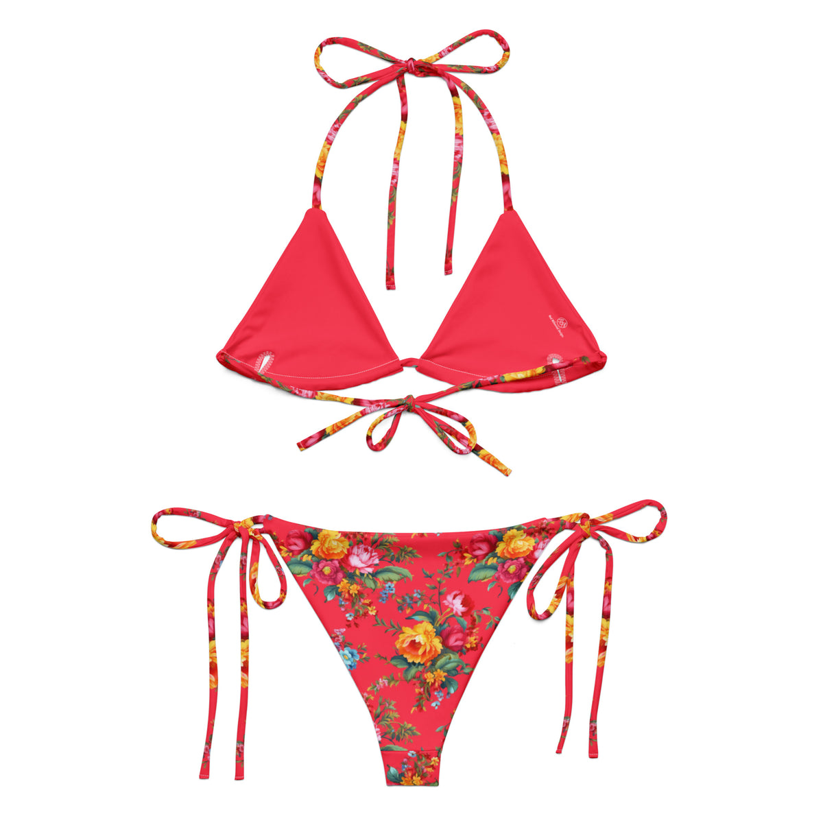 Red floral triangle string bikini back view