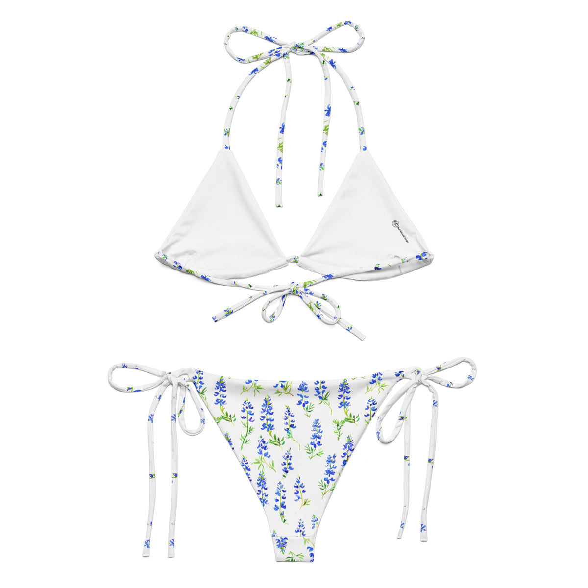 white string bikini with Texas bluebonnet pattern showing the back