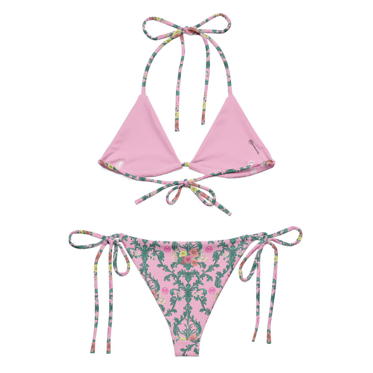 Back view of pink Rococo floral string bikini