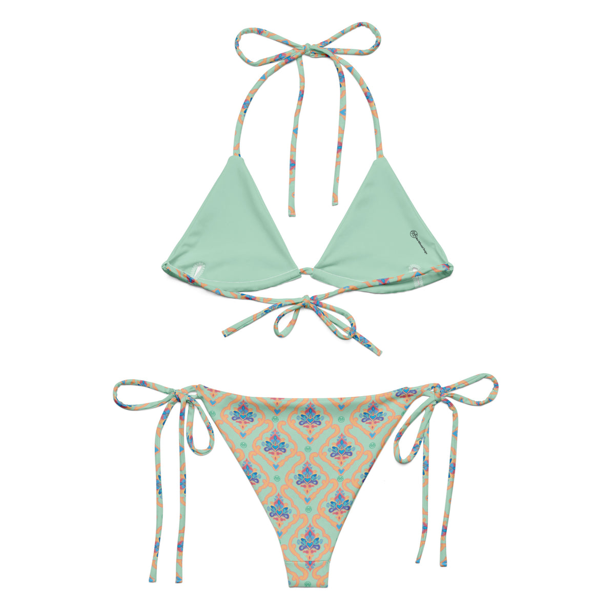 mint green string bikini with coral indian mughal lattice work design with blue and magenta accents showing the back