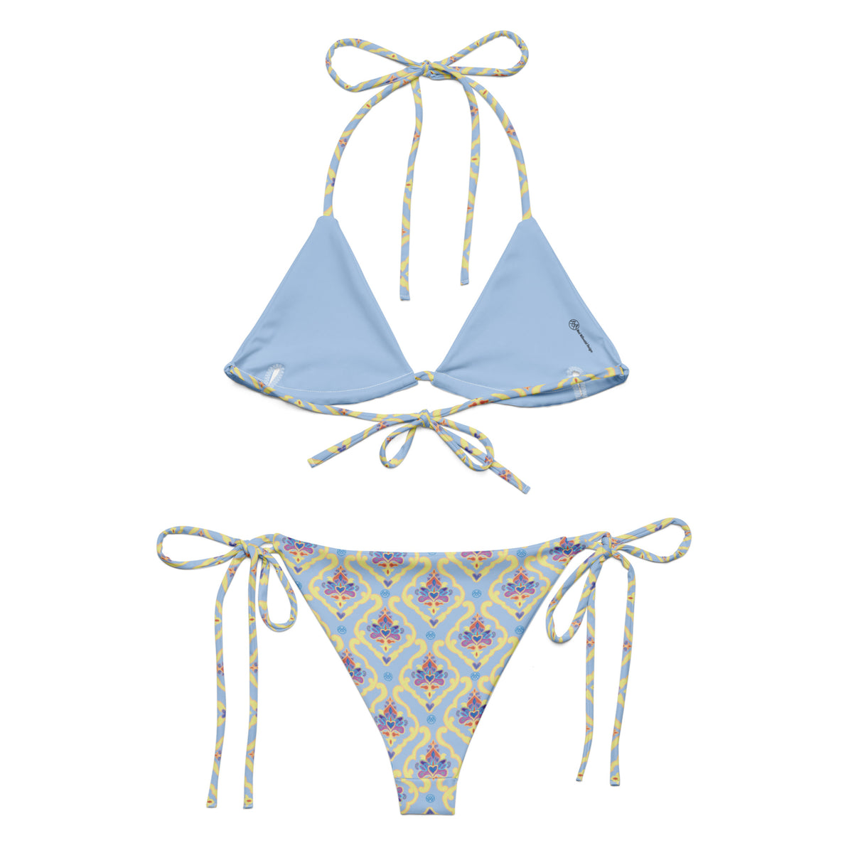 powder blue string bikini with ornate mughal india pattern in butter yellow pink and dark blue showing the back