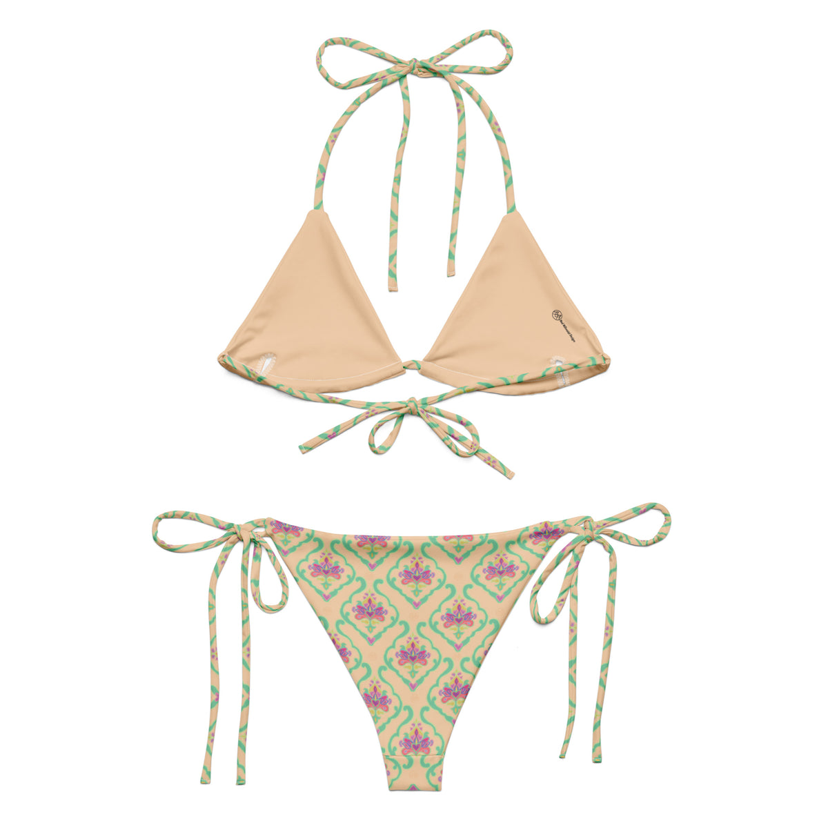 string bikini with an ornate peach mint pink india mughal pattern showing the back
