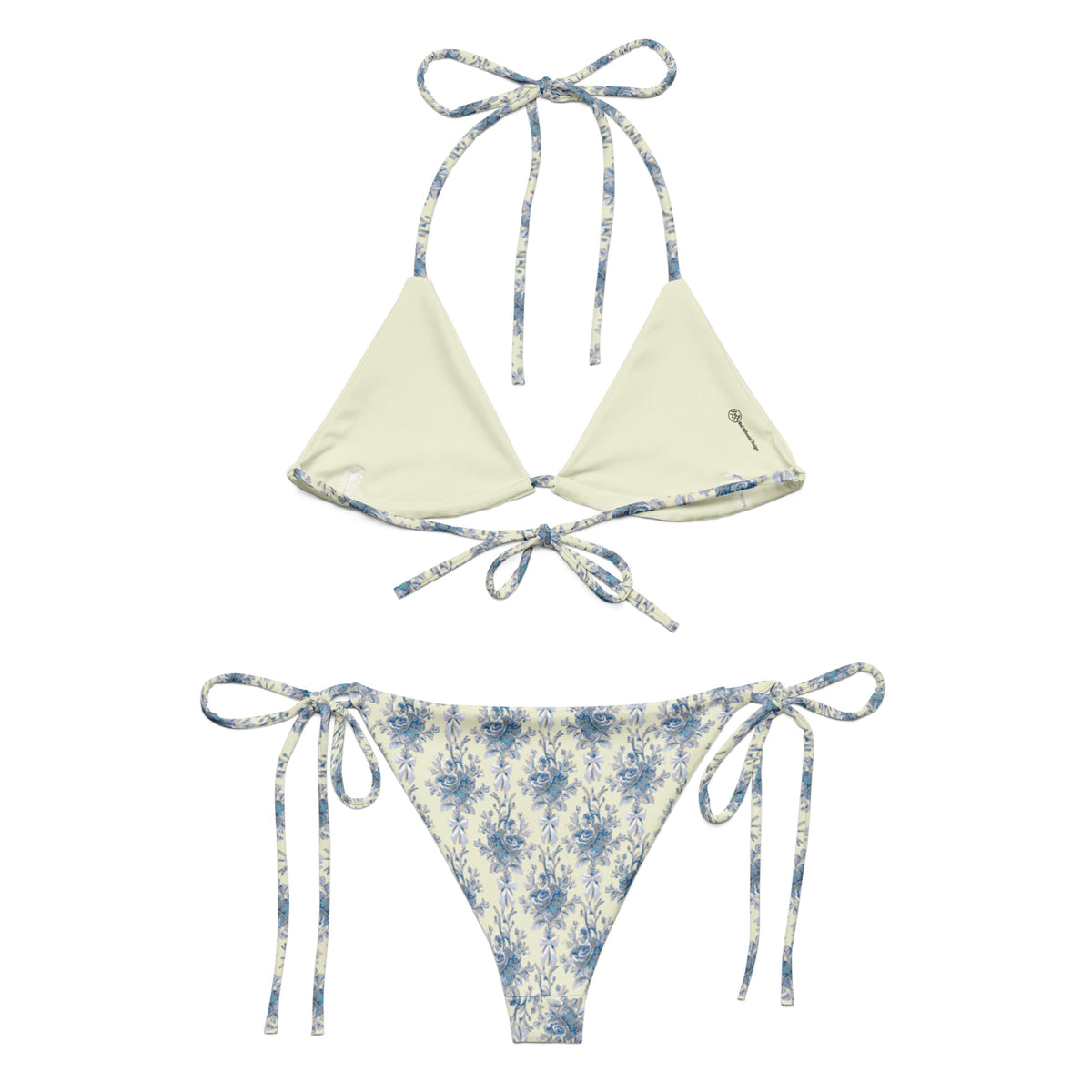 Tasteful Teacup string bikini with buttercream ivory and powder blue rose botanical floral pattern back
