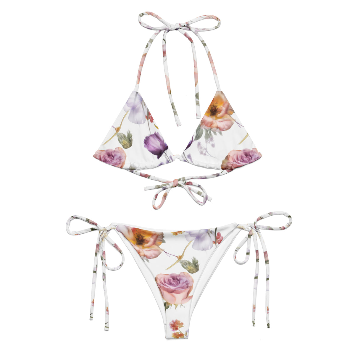 white string bikini with purple orange and floral botanical feminine pattern showing the front