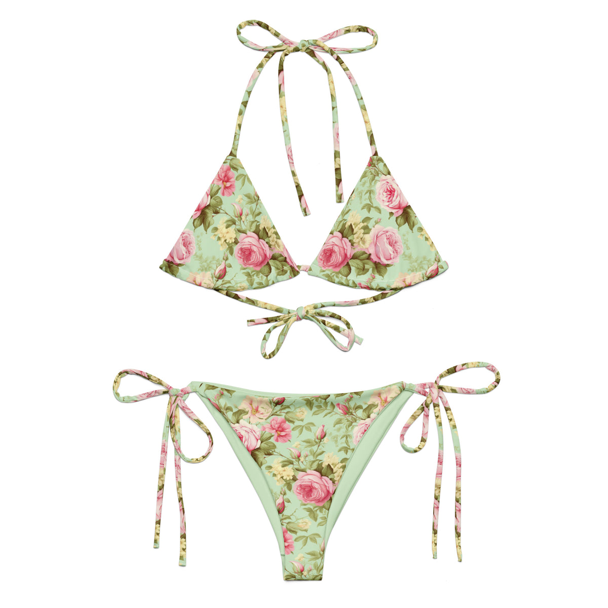 mint green string bikini with pink roses and green foliage feminine botanical floral pattern showing the front
