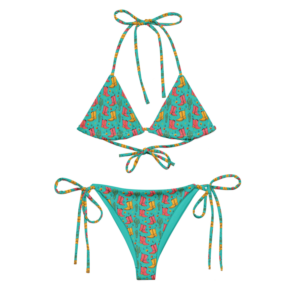 teal string bikini with small pink and yellow cowgirl boots and green cactuses pattern showing the front