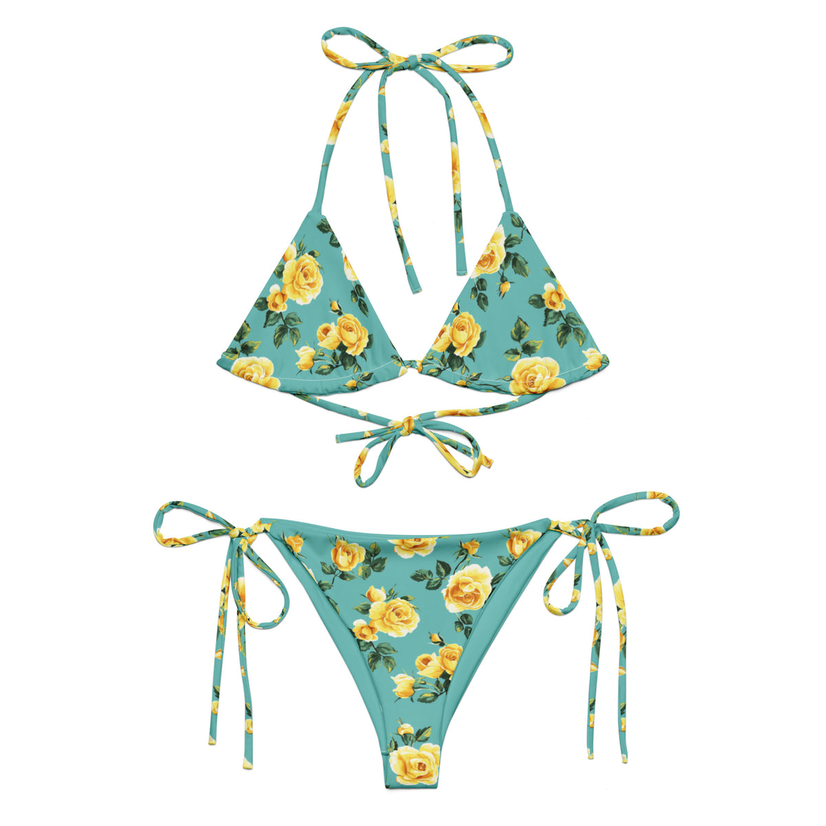 teal string bikini with yellow roses on it with small green rose leaves showing the front