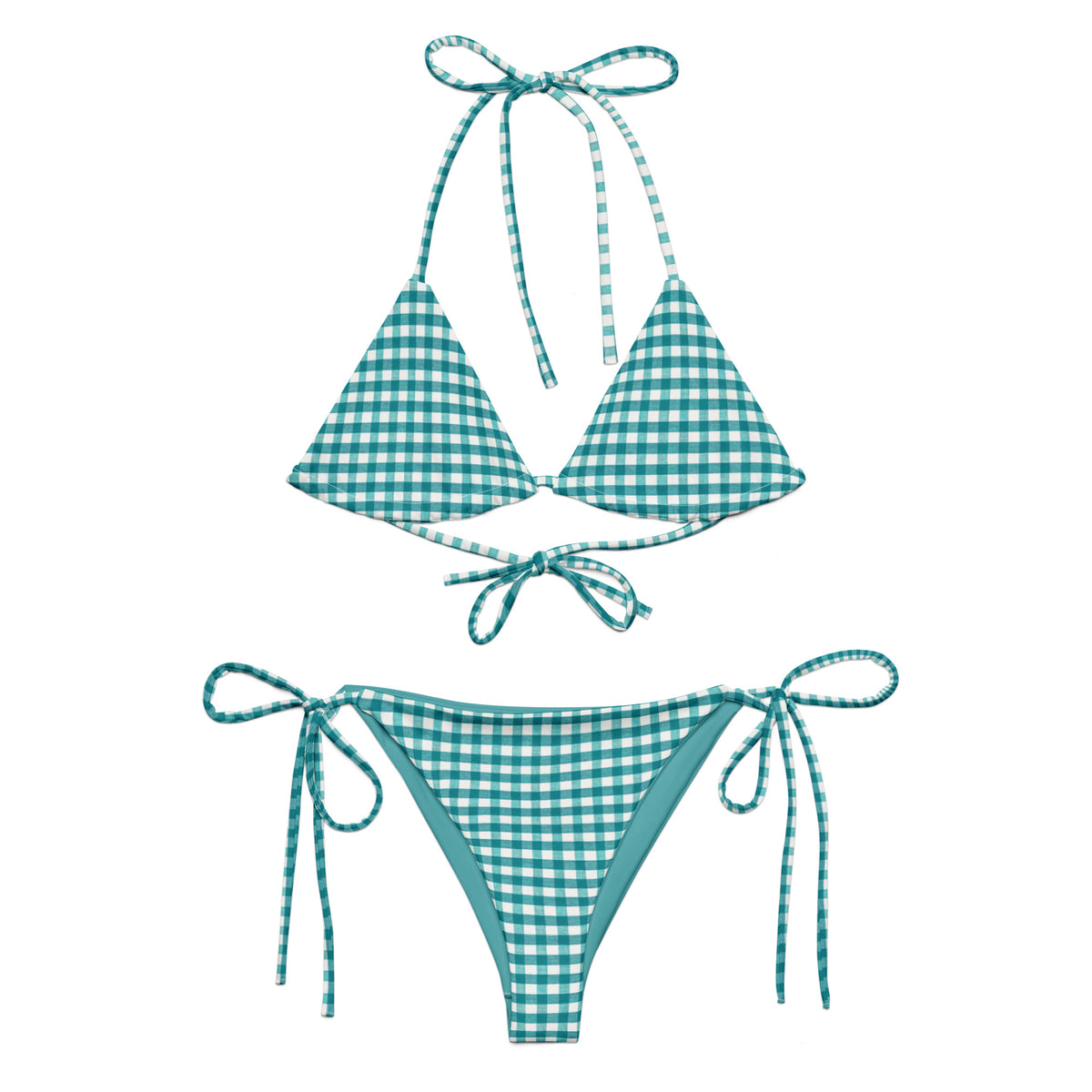 teal gingham string bikini showing the front
