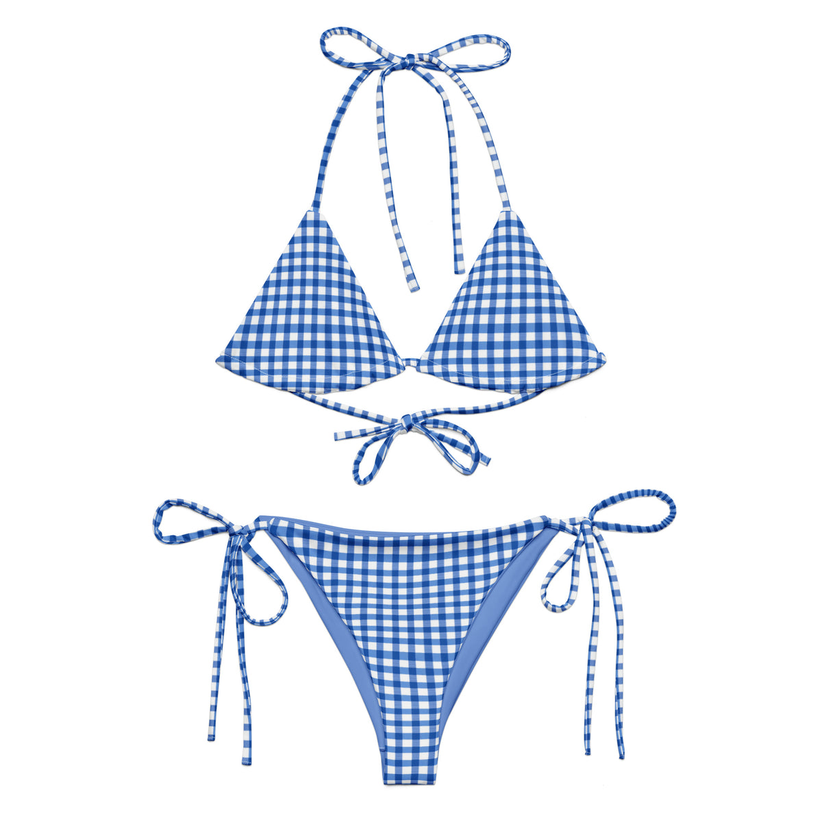 blue gingham checkered string bikini showing the front