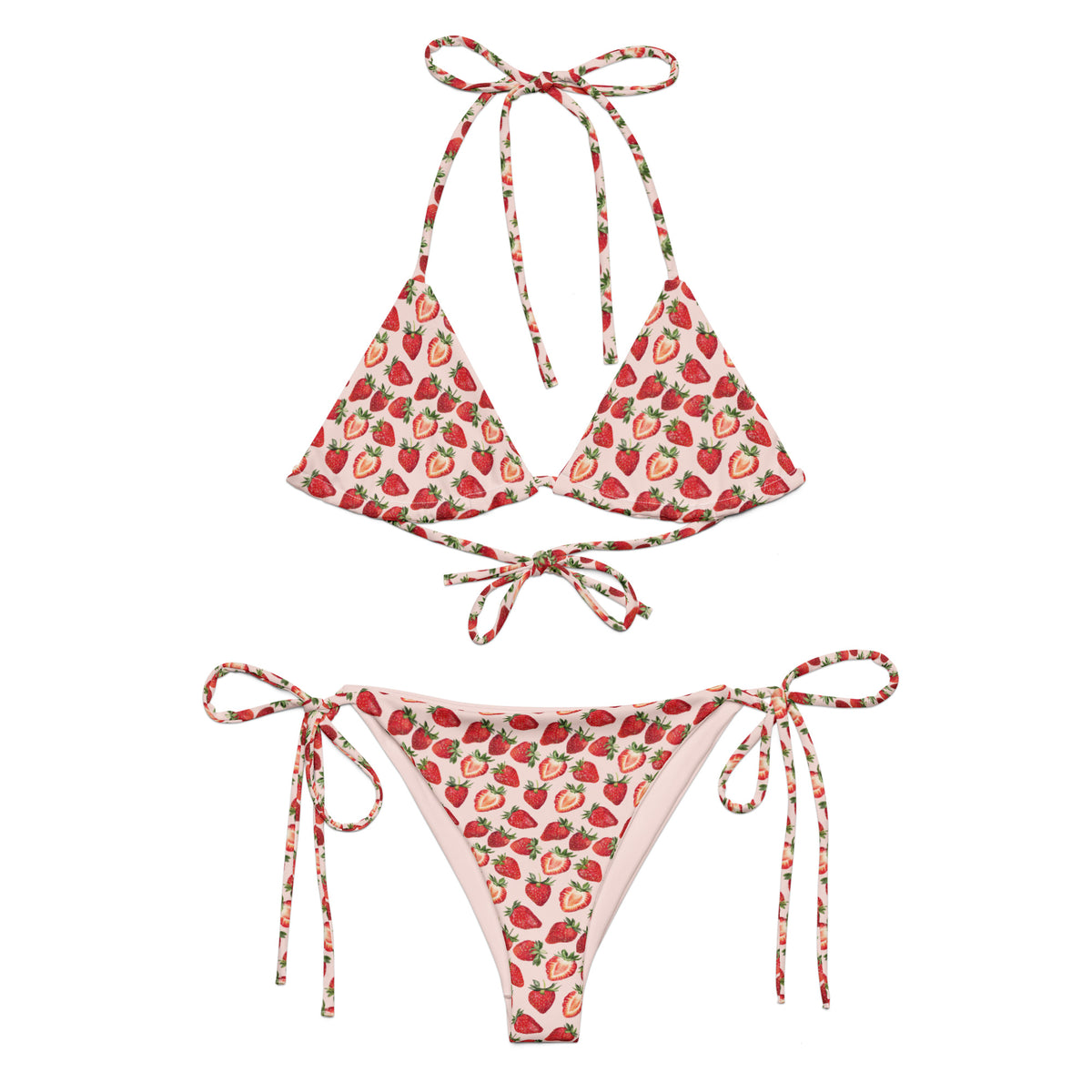 pink string bikini with strawberry and strawberry slices pattern showing the front