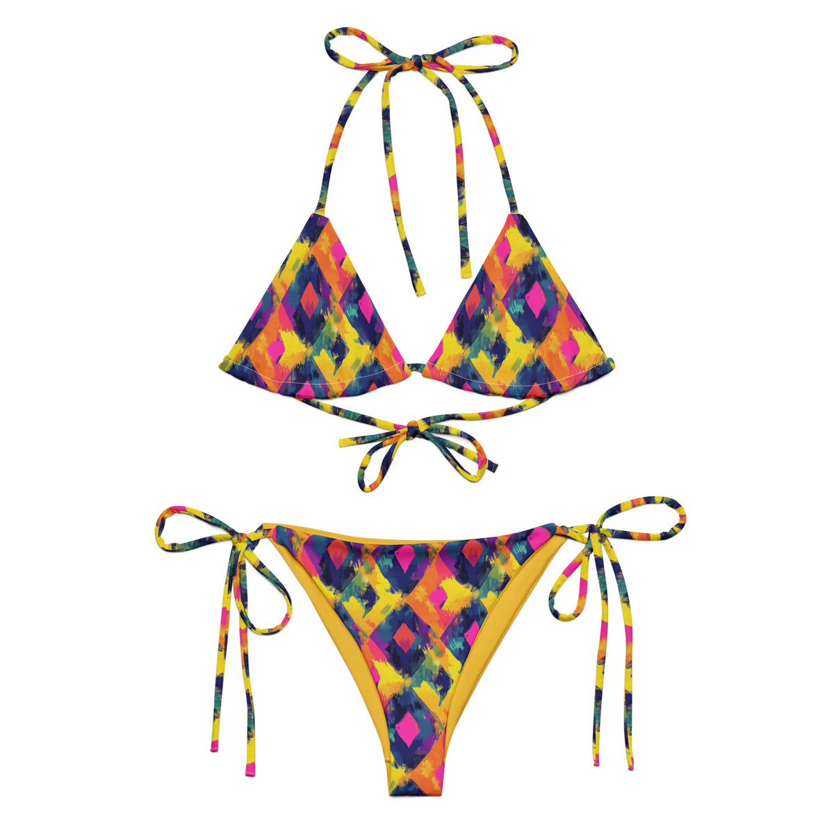 yellow string bikini with a colorful rainbow diamond geometric blue pink feminine western texas pattern showing the front
