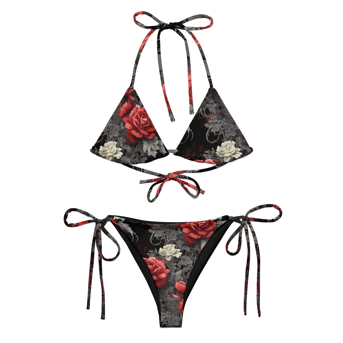 Black floral bikini with red and gray gothic details front view