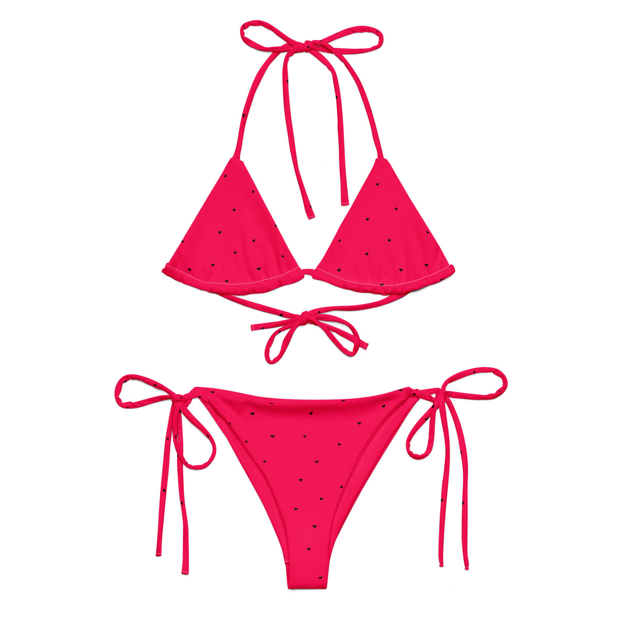 Ophelia hot pink fuchsia string bikini with tiny black heart print front