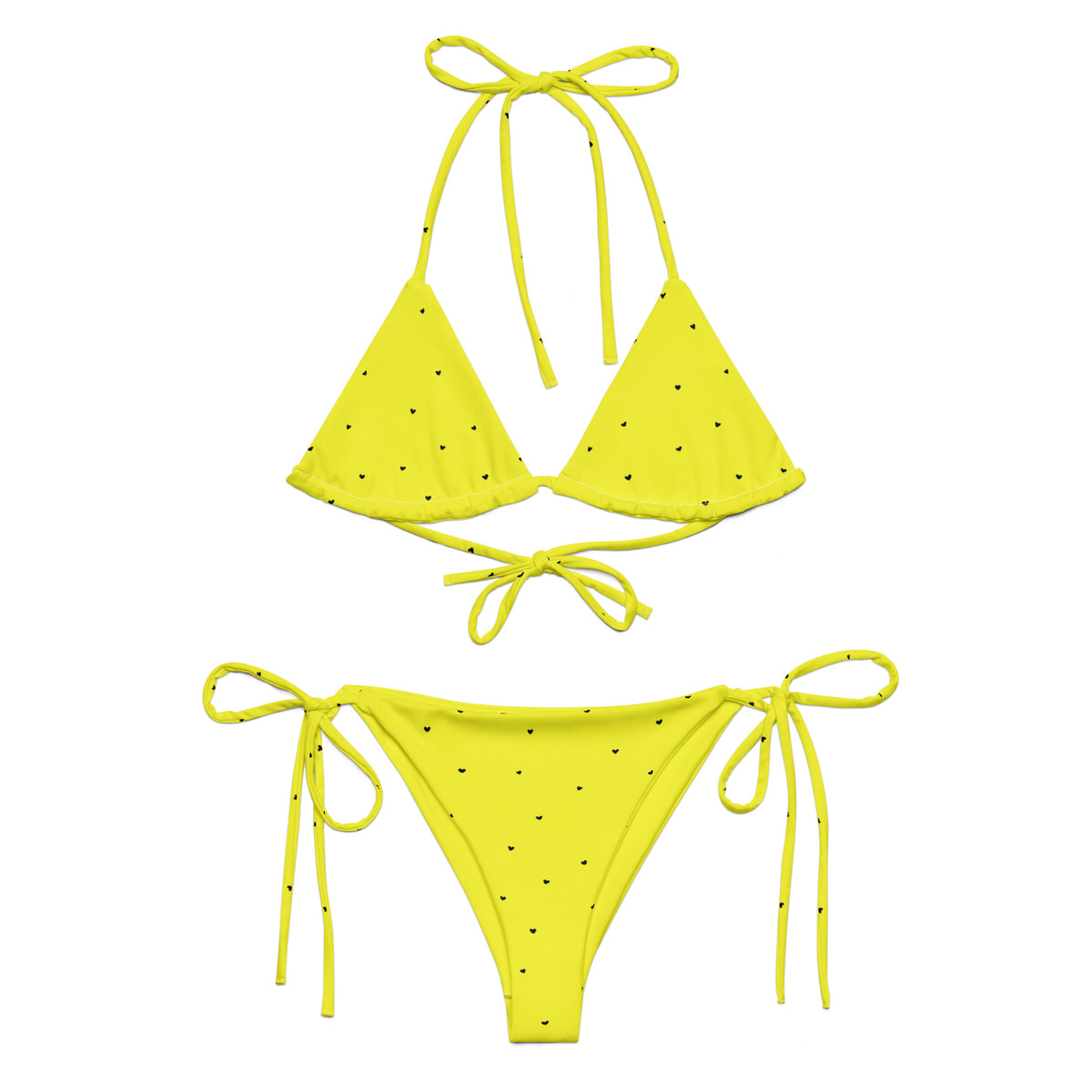 Virginia neon yellow string bikini with tiny black heart print front