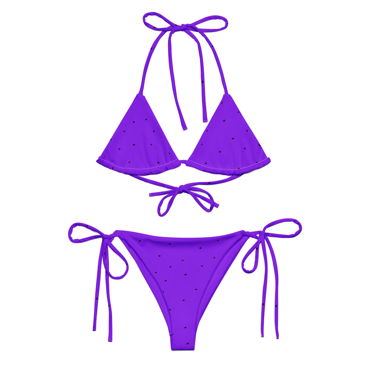 Jillian vivid violet purple string bikini with tiny black heart print front