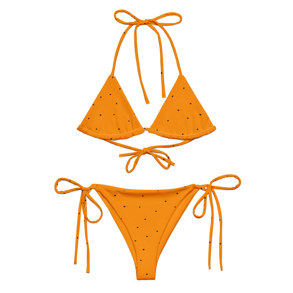 Trixie bright tangerine orange string bikini with tiny black heart print front