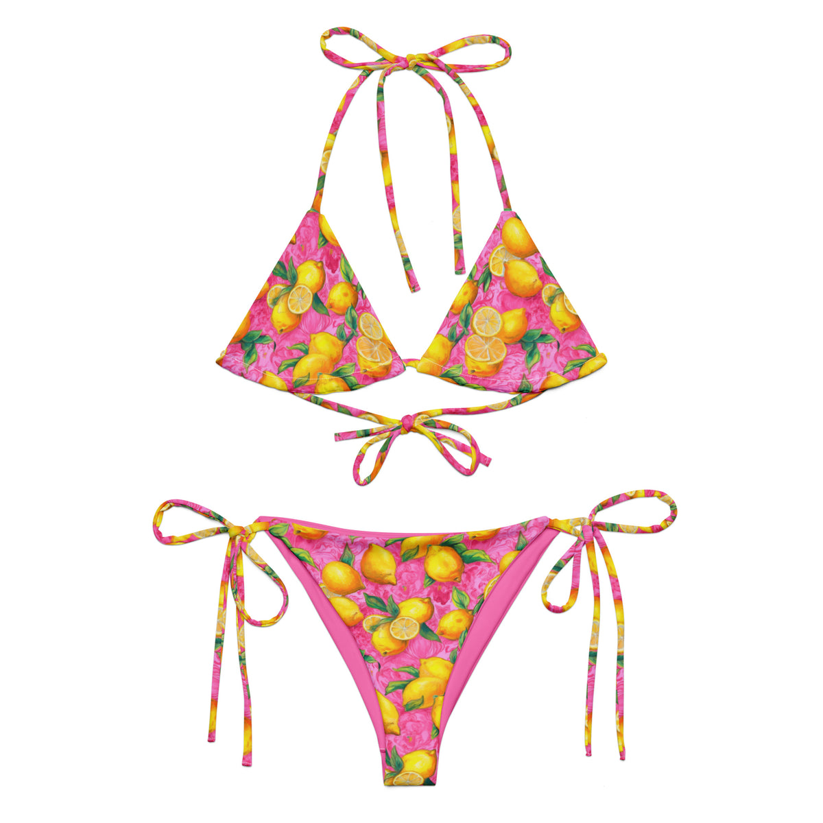 pink bikini with yellow lemon print on it front view