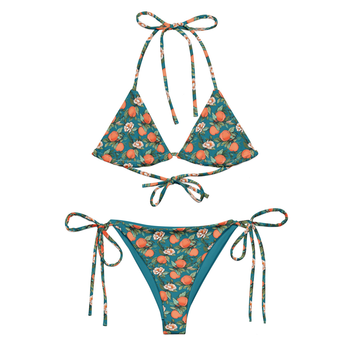 teal bikini with a peach and flower print on it showing the front view