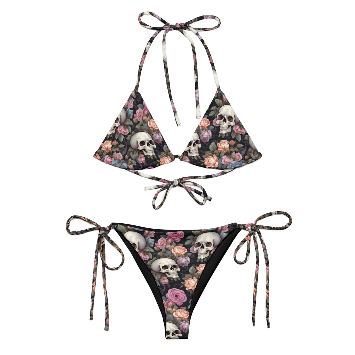 black bikini with skulls and roses and gothic details front view