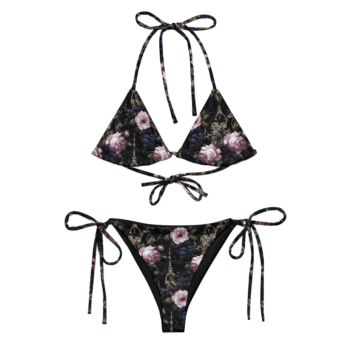black bikini with pink and purple gothic and floral details front view