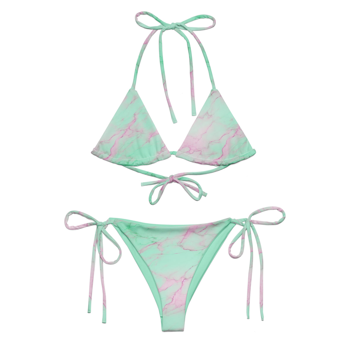 Obrey mint green string bikini with pink lavender and white marble pattern front