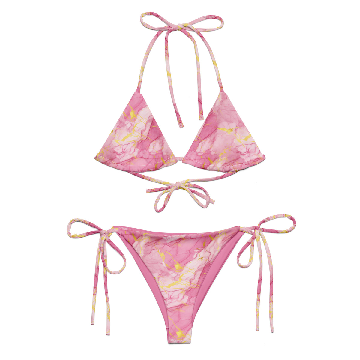 Olivia pink string bikini with blush white and gold marble stone pattern front
