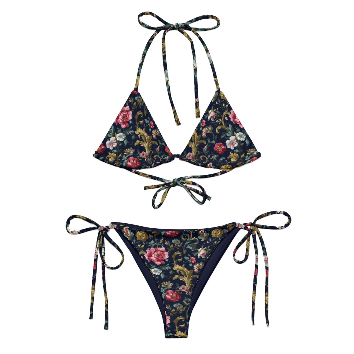 navy blue string bikini with baroque inspired floral pattern front view