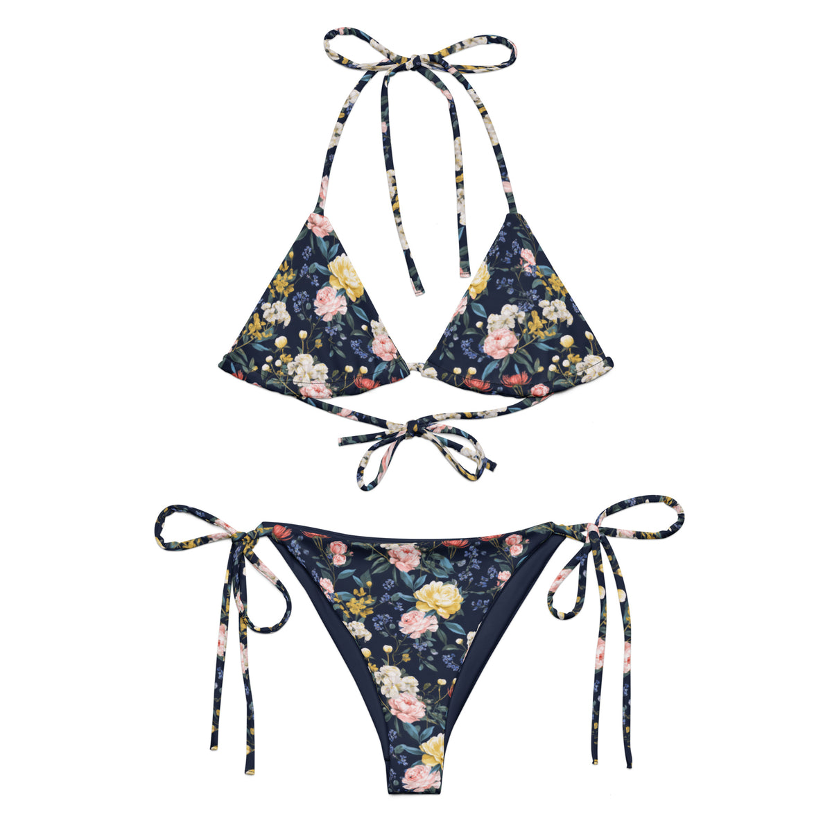 navy blue string bikini with yellow and pink feminine floral pattern on it front view