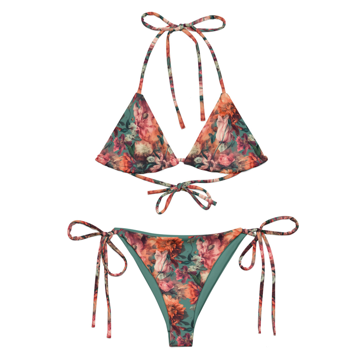 teal string bikini with orange pink and coral floral feminine botanical pattern showing the front