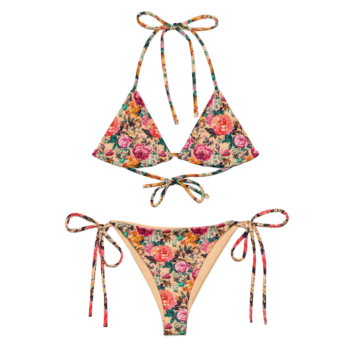 beige string bikini with coral and pink floral feminine botanical pattern showing the front