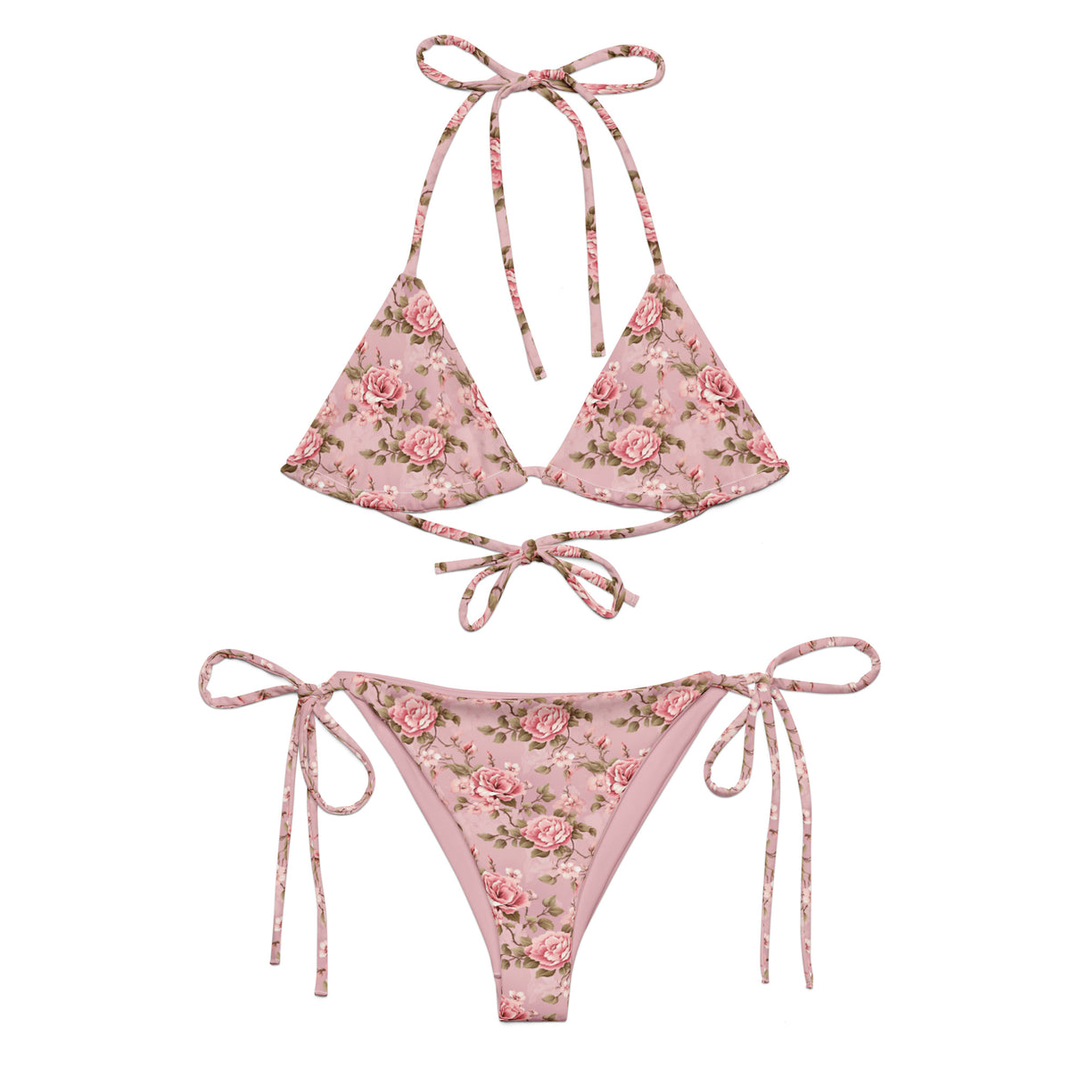 pink string bikini with pink rose floral botanical feminine pattern showing the front