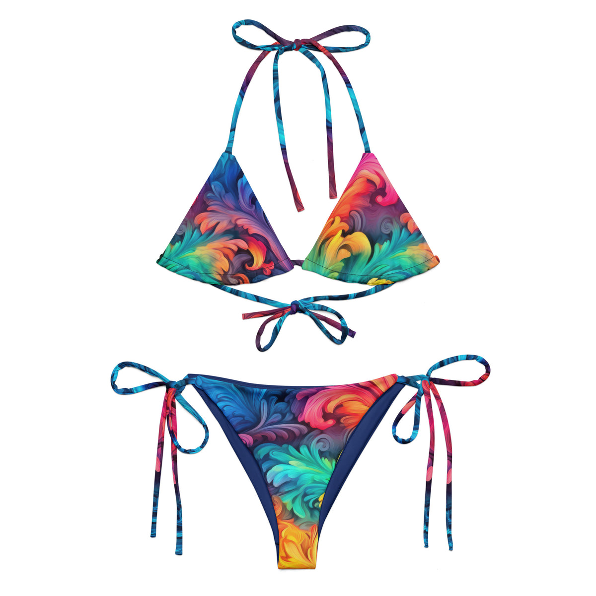 Polly rainbow string bikini with blue pink turquoise purple orange and green swirling tie-dye pattern front