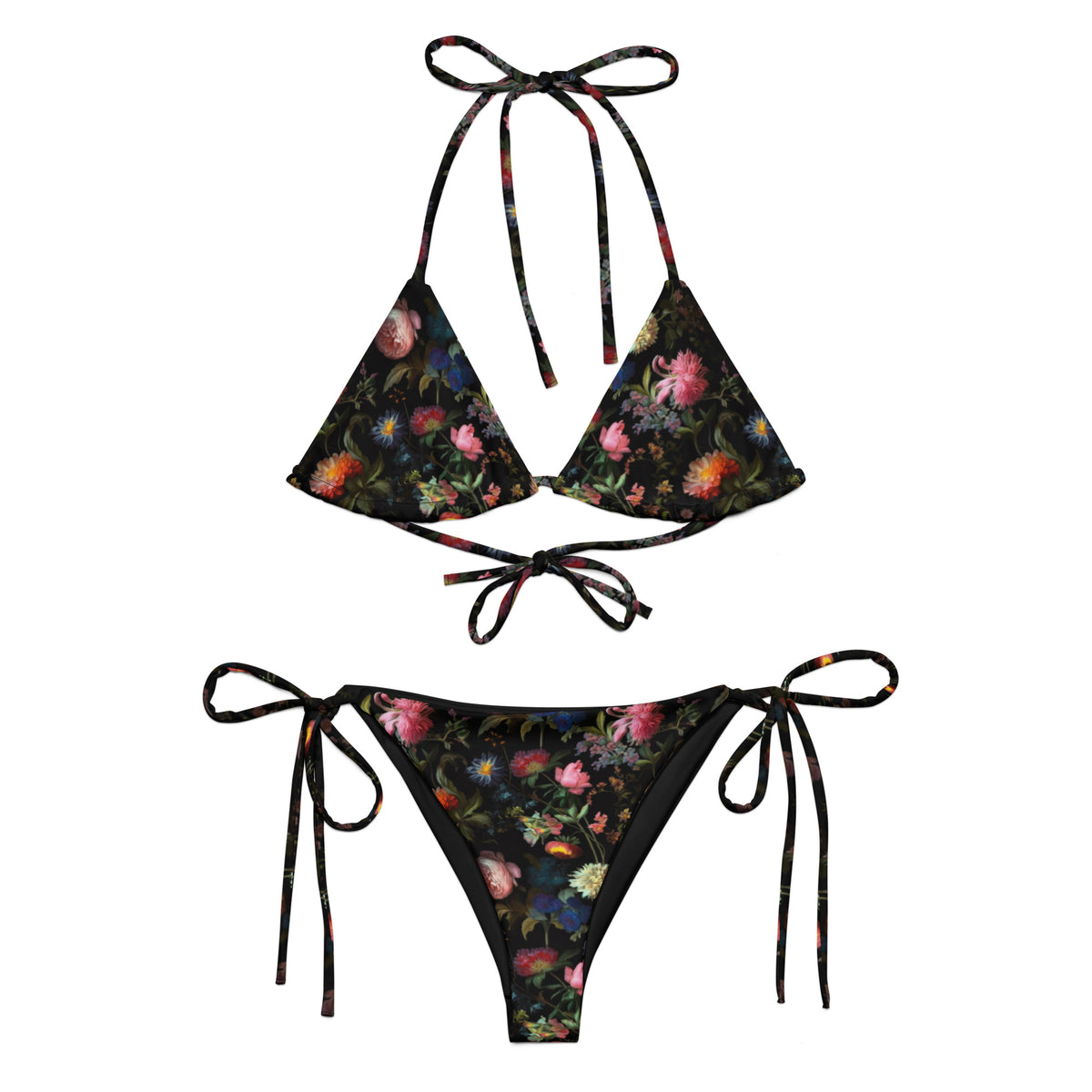 black string bikini with detailed floral colorful pattern front view
