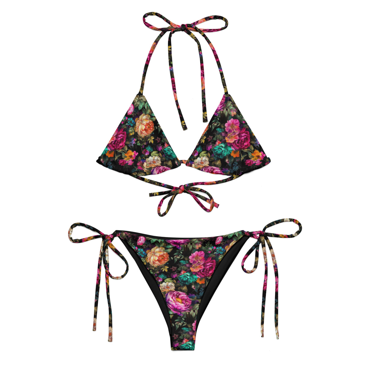 black string bikini with vibrant colorful pink yellow and green feminine floral botanical pattern showing the front view
