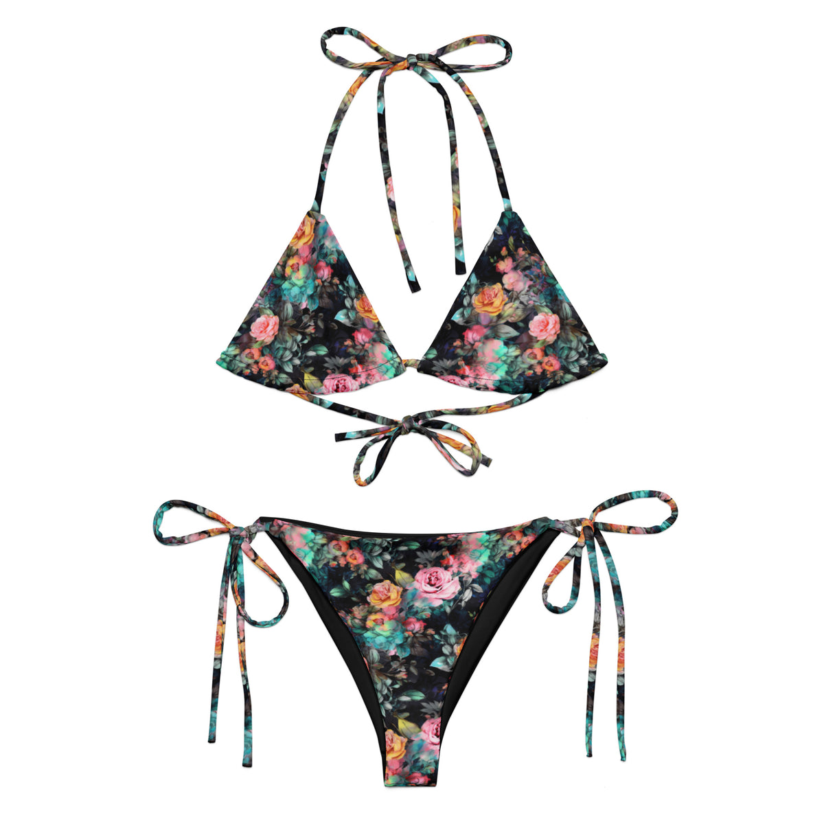 black string bikini with vivid neon floral pattern on it front view