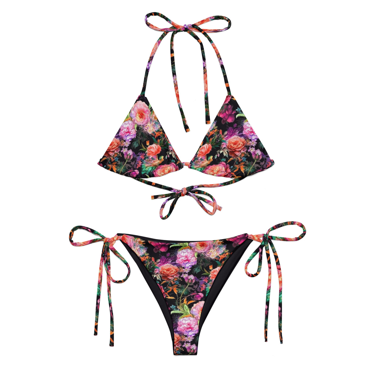 black string bikini with vibrant pink and orange floral pattern on it showing the front view