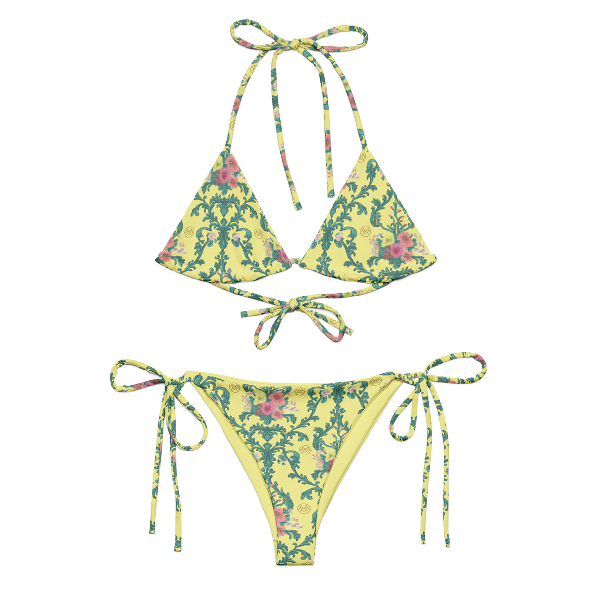 Yellow Rococo floral string bikini front view