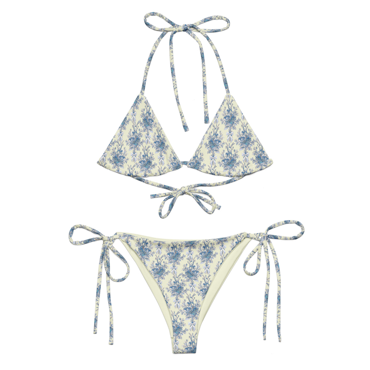 Tasteful Teacup string bikini with buttercream ivory and powder blue rose botanical floral pattern front
